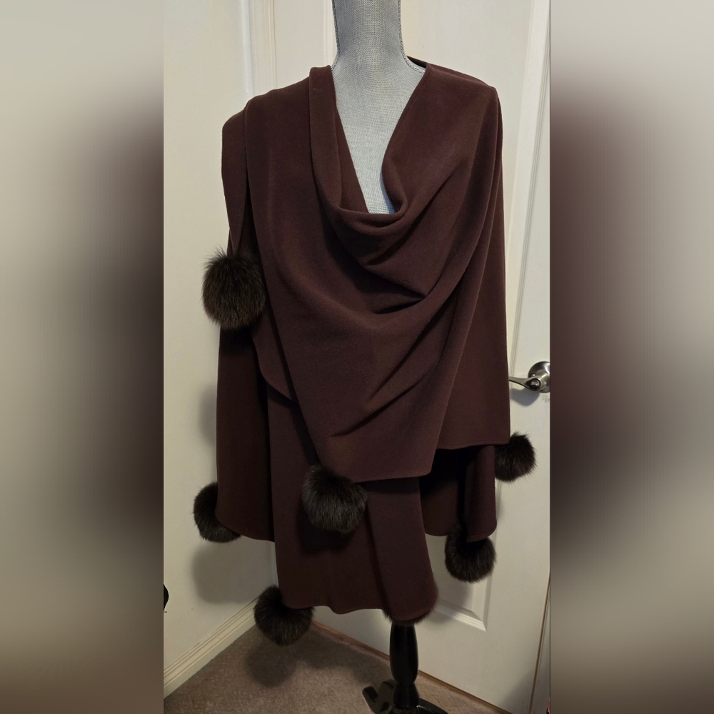 Vintage Cashmere & Wool Cape with Fox Fur Pom-Pom Details